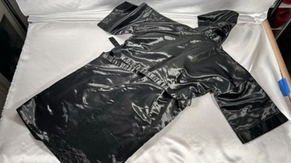 TITLE BOXING SHINY SATIN GLANZ ALL BLACK ROBE HOODED SIZE S FULL LENGTH